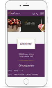 Webseite für Konditorei Andreas Seis am Schlern - Smartphone