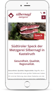 Internetseite für Metzgerei Silbernagl Kastelruth auf Smartphone