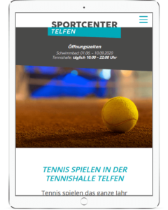 Webseite für Sportcenter Telfen mit Schwimmbad und Tennis
